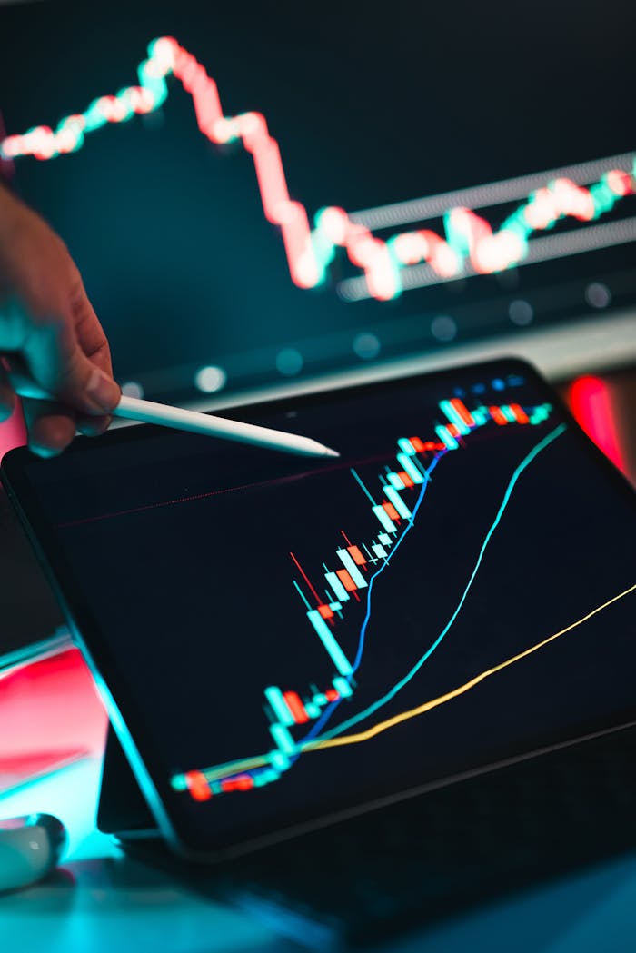 creative Close-up of cryptocurrency trading analysis on a digital tablet, highlighting market trends.